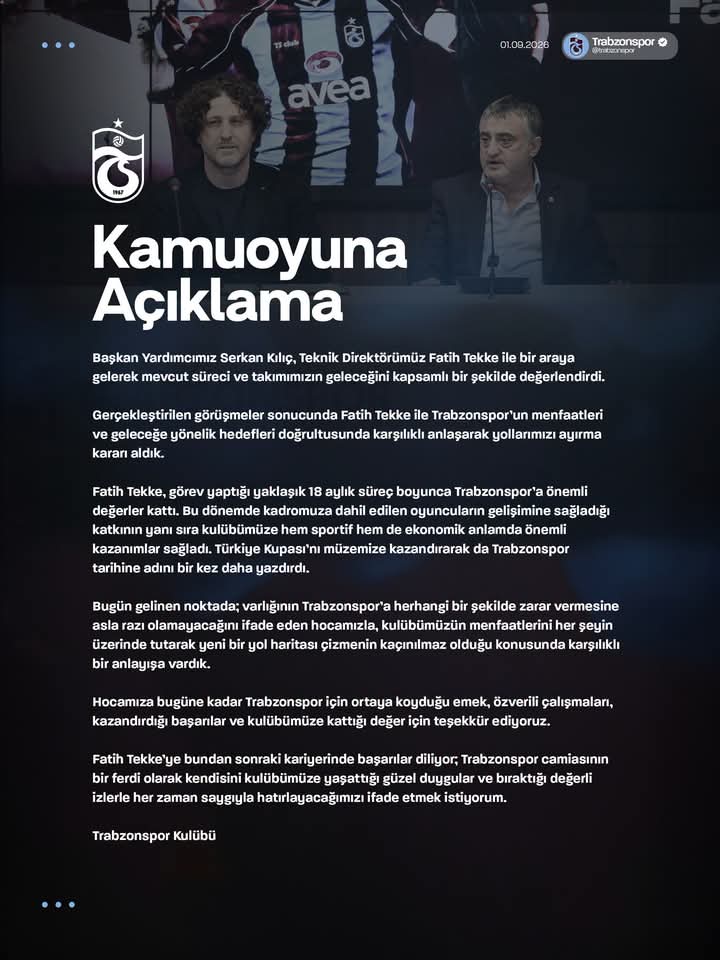 TRABZONSPOR YÖNETİMİ TEKNİK DİREKTÖR FATİH TEKKE İLE YOLLARINI AYIRDI