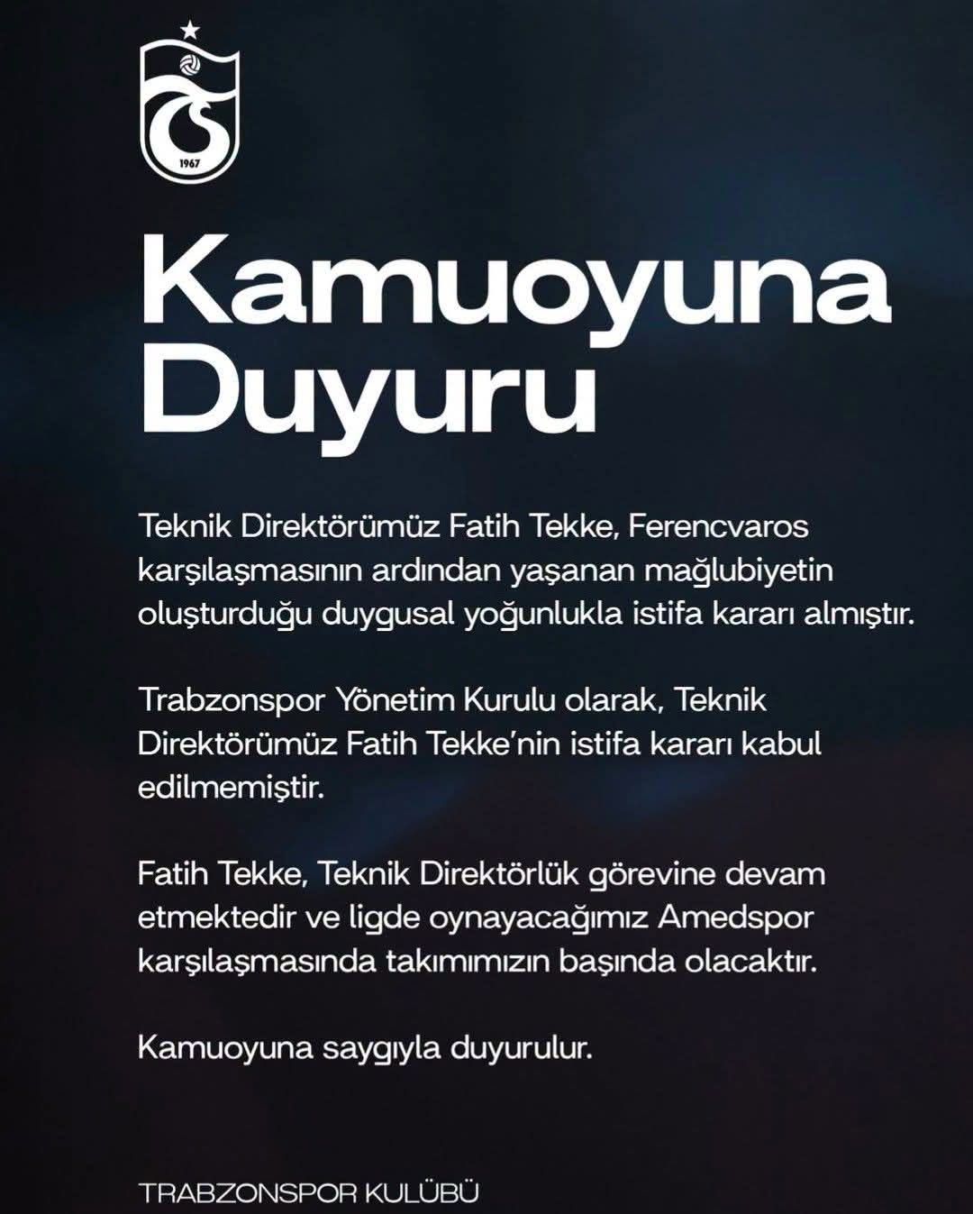 FATİH TEKKE'NİN İSTİFASI KABUL EDİLMEDİ
